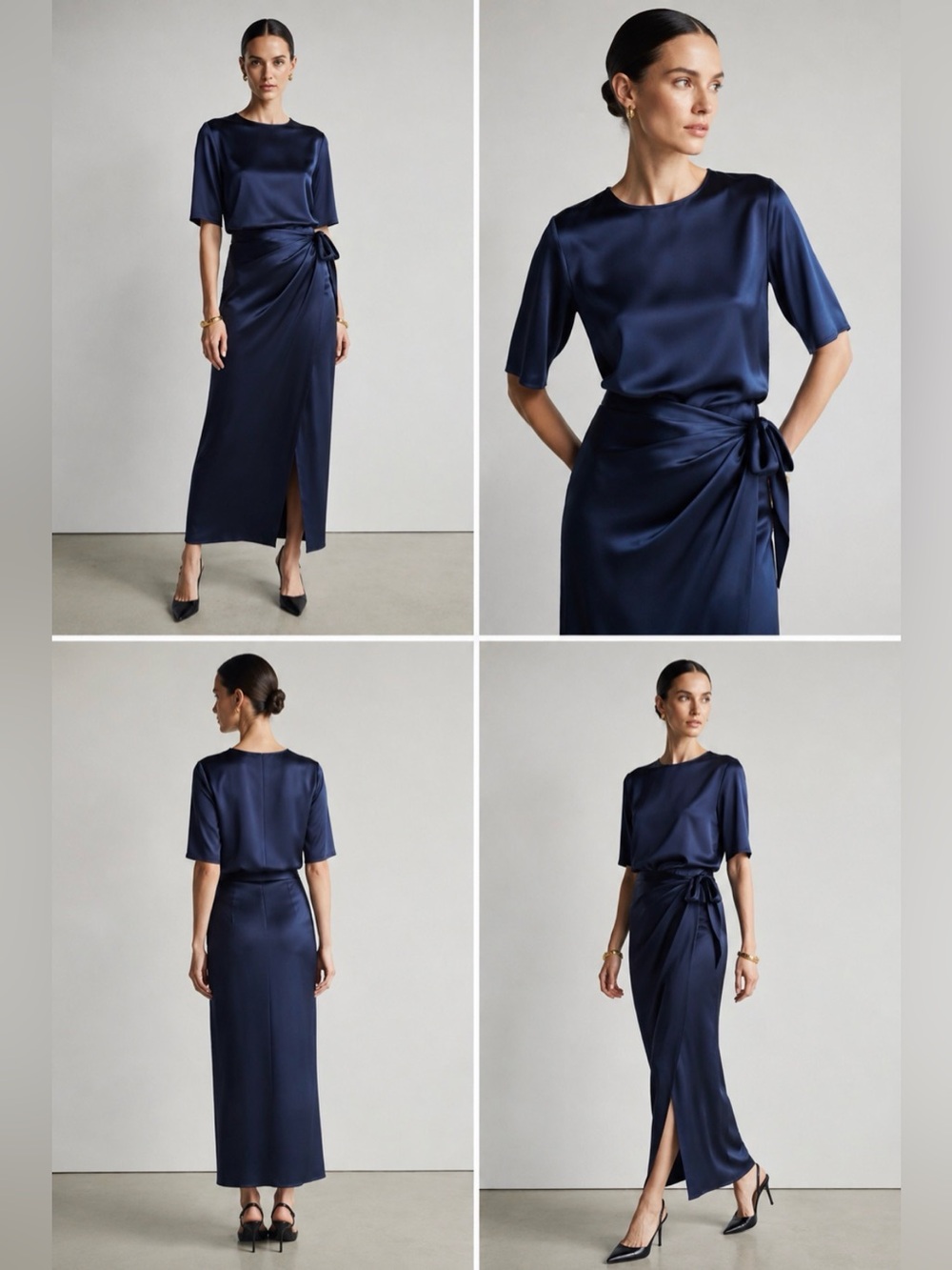 Peter Cohen formal silk set sarong wrap skirt and elbow length top marine blue S